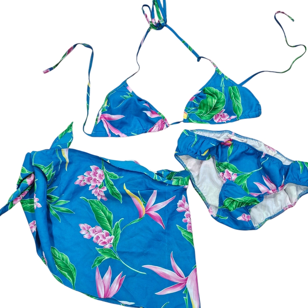 Vintage Y2K Hawaiian Floral Bikini Set Blue Pink USA Made Large